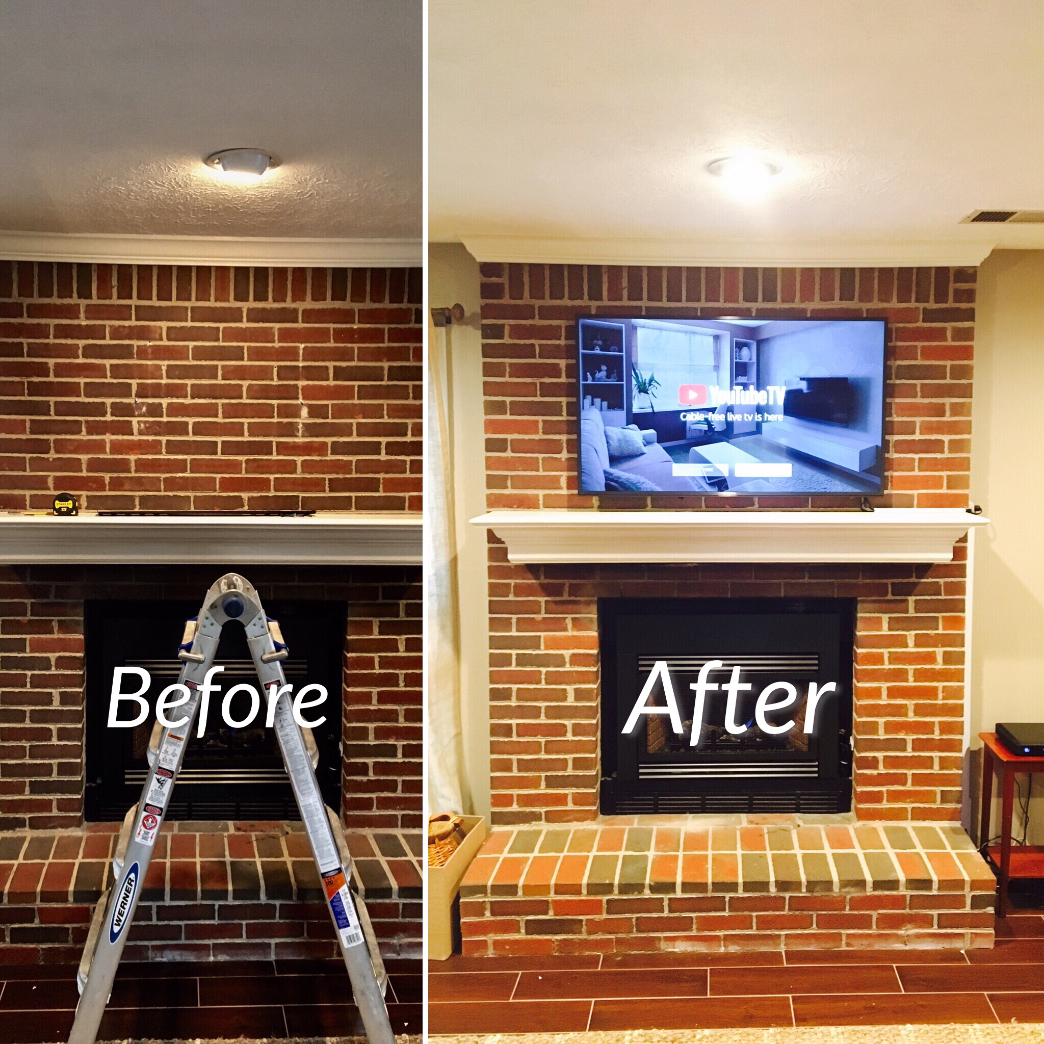 Tv Mounted On A Brick Fireplace In, Hanging Tv On Fireplace Brick